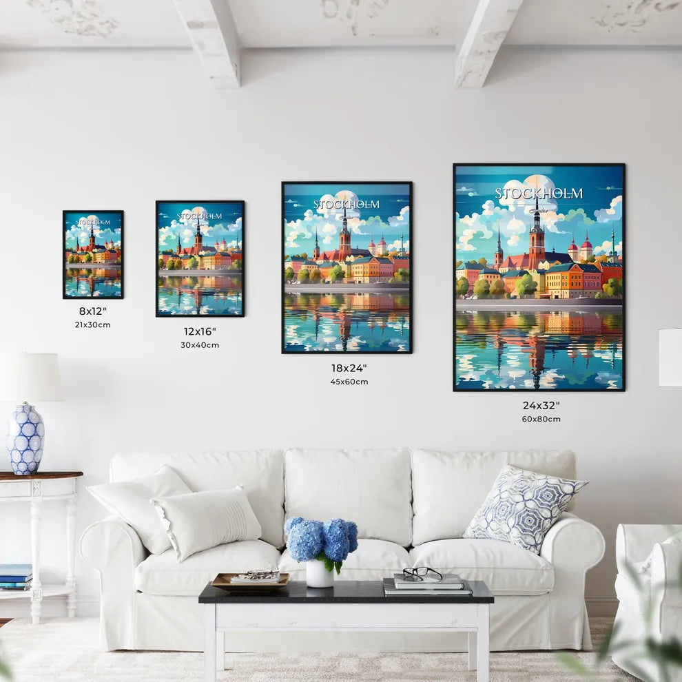 Stockholm, Sweden, - Art print of a colorful city with a tower and trees and water Size Chart