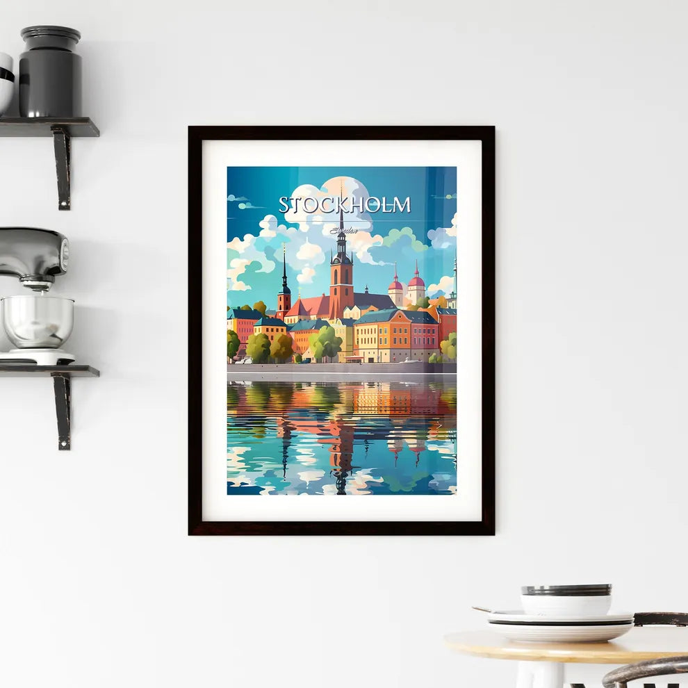 Stockholm, Sweden, - Art print of a colorful city with a tower and trees and water Custom Print