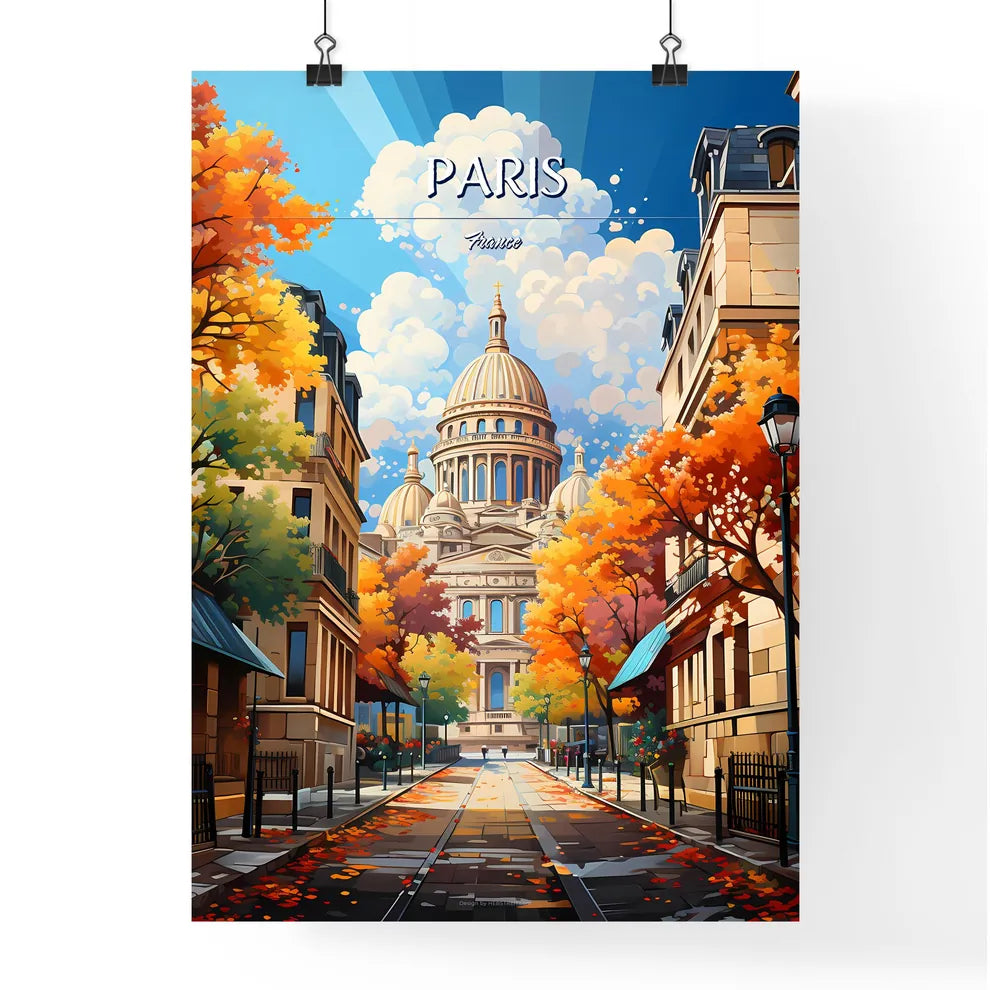 Paris, France - Art print of a street with trees and a building with a dome Poster
