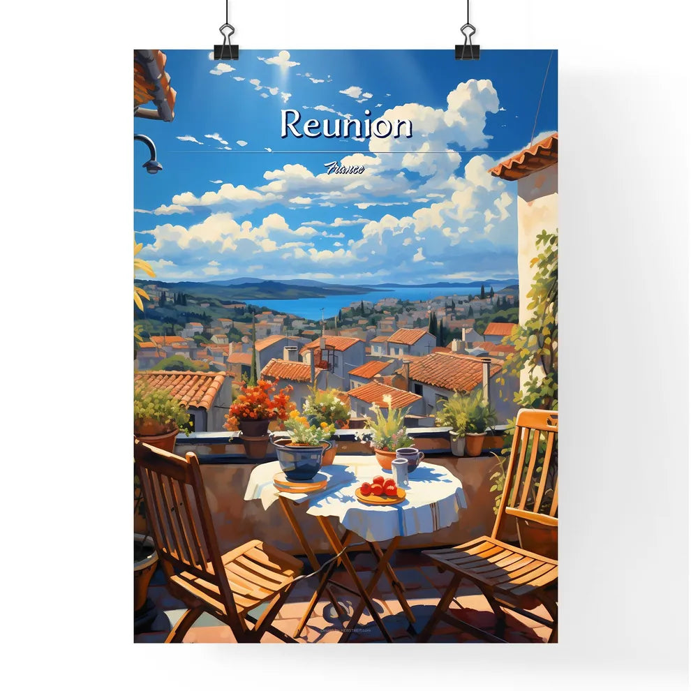 On the roofs of Reunion, France - Art print of a table and chairs on a balcony overlooking a city Poster