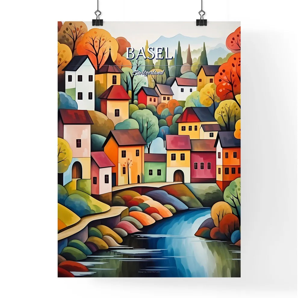 Basel, Switzerland - Art print of a painting of a colorful town by a river Poster