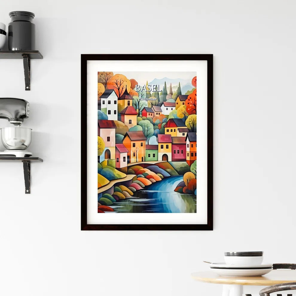 Basel, Switzerland - Art print of a painting of a colorful town by a river Custom Print