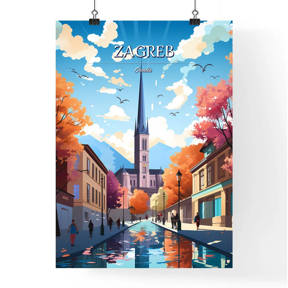 Zagreb, Croatia - Art print of a street with a church and trees Poster