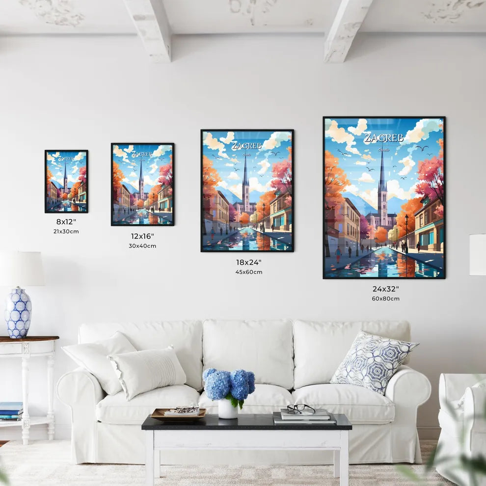 Zagreb, Croatia - Art print of a street with a church and trees Size Chart