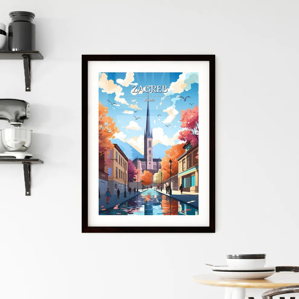 Zagreb, Croatia - Art print of a street with a church and trees Custom Print