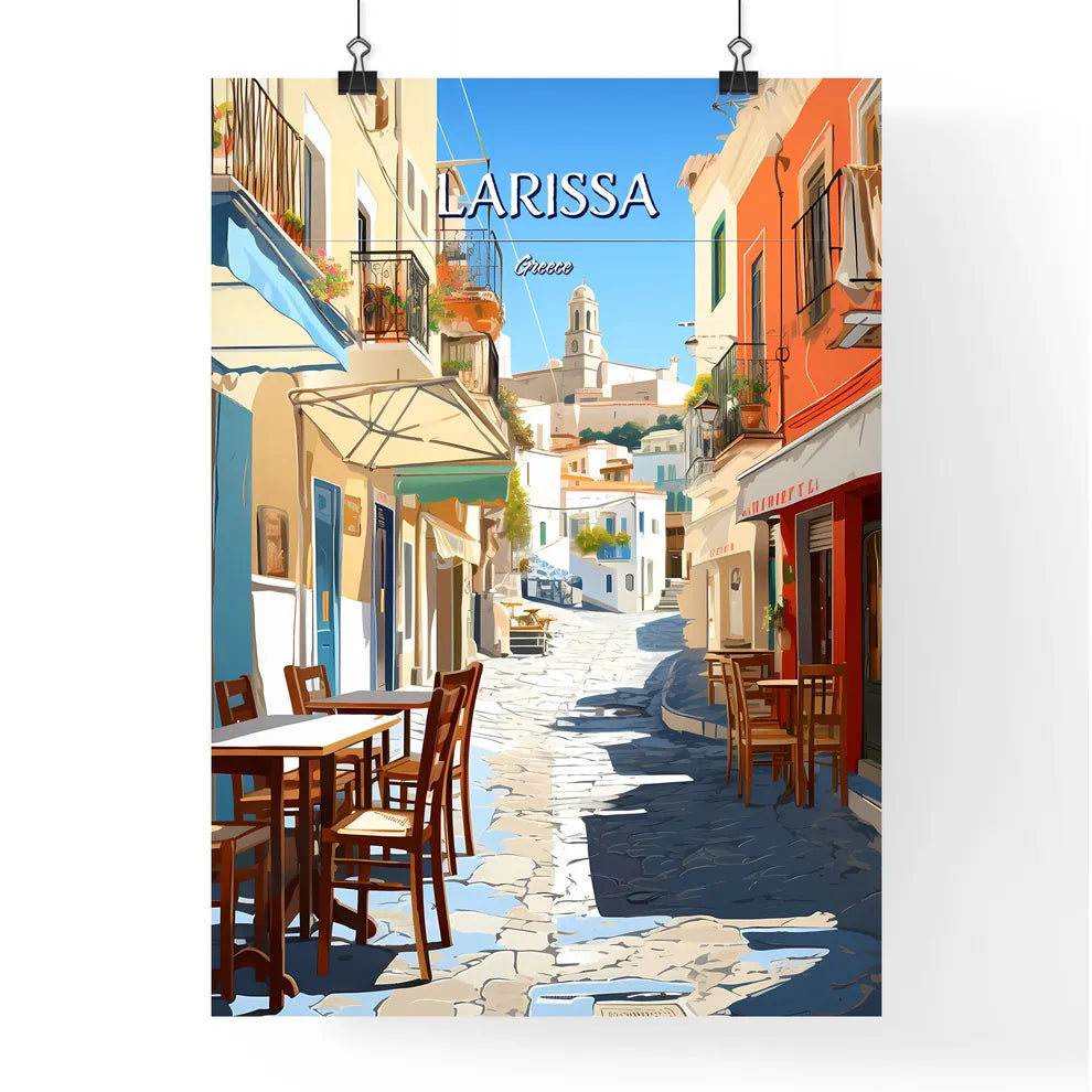 Larissa, Greece - Art print of a street with tables and chairs in a small town Poster