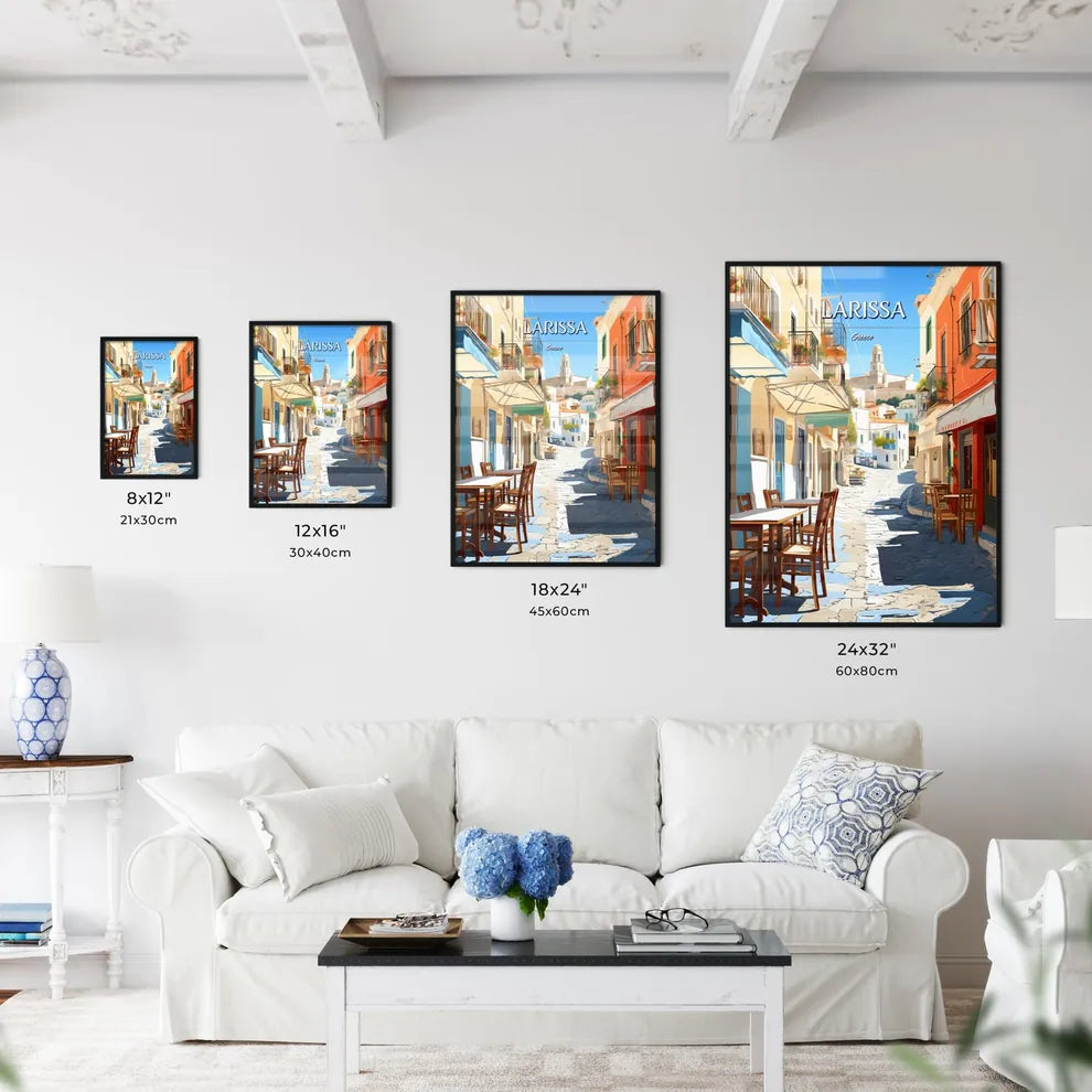 Larissa, Greece - Art print of a street with tables and chairs in a small town Size Chart