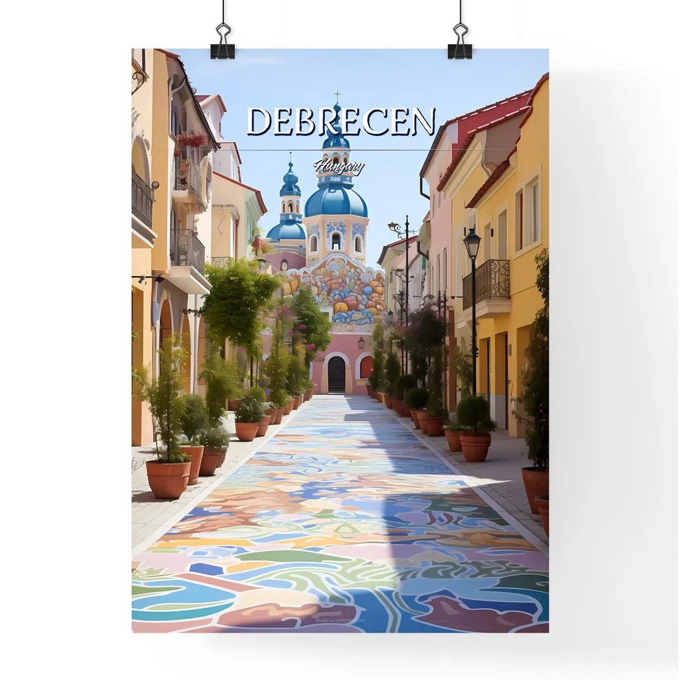 Debrecen, Hungary - Art print of a colorful alley with a building and trees Poster