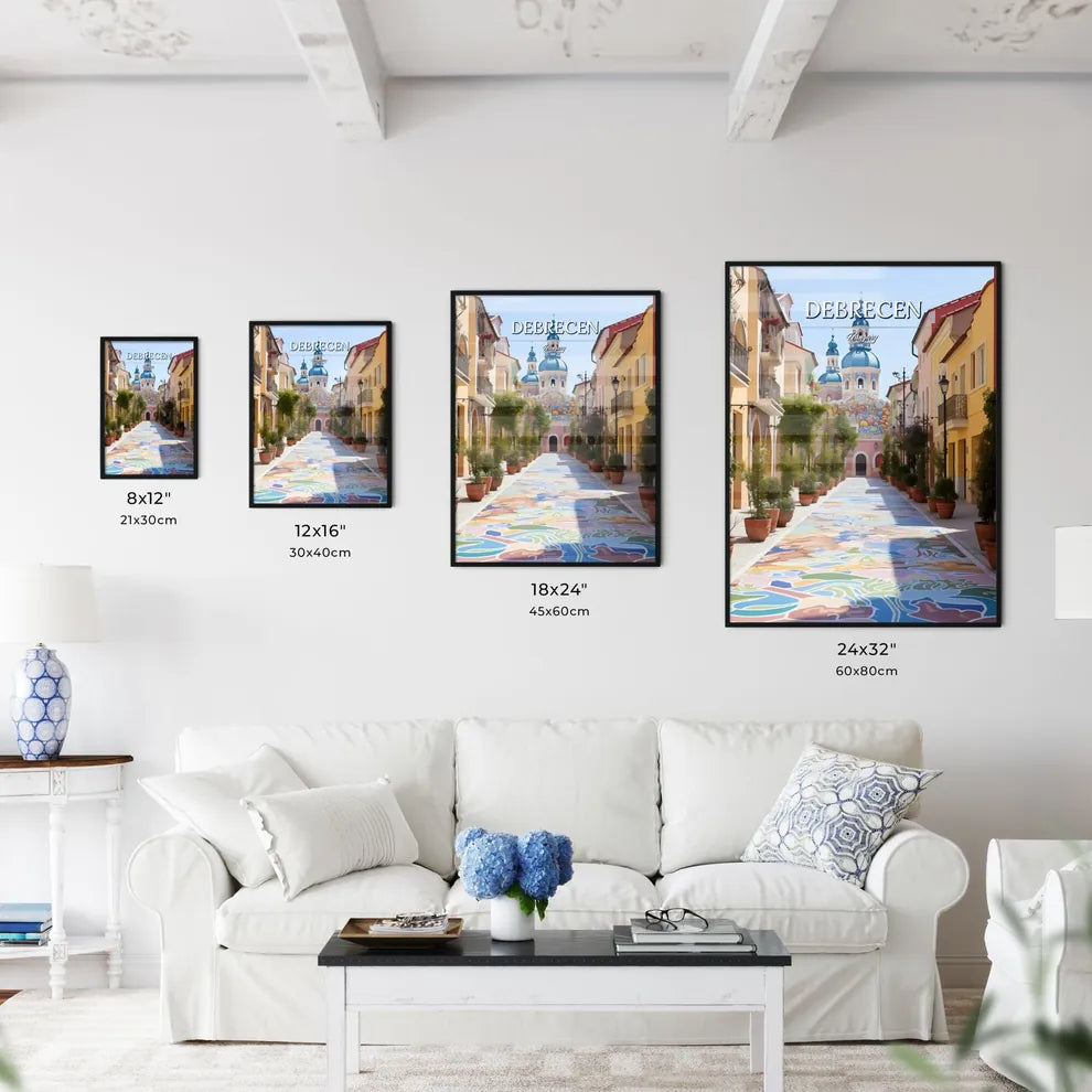 Debrecen, Hungary - Art print of a colorful alley with a building and trees Size Chart