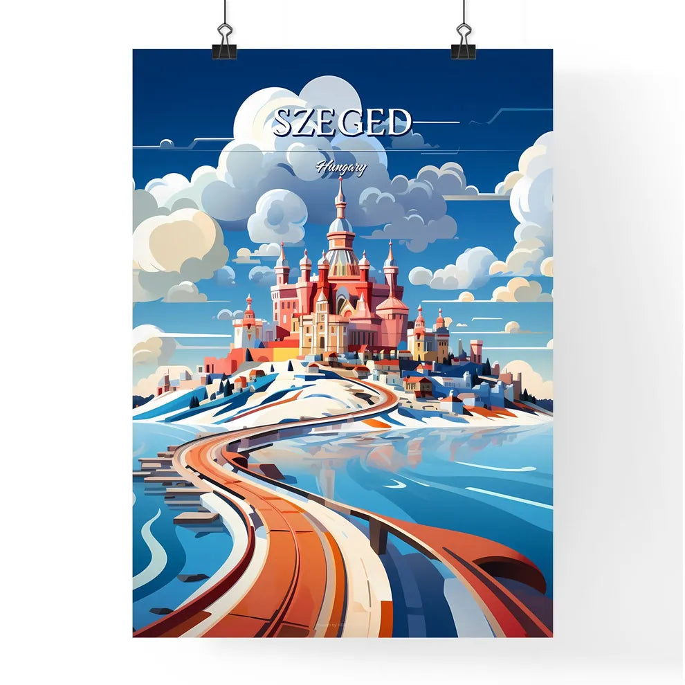Szeged, Hungary - Art print of a castle on a hill with water and clouds Poster