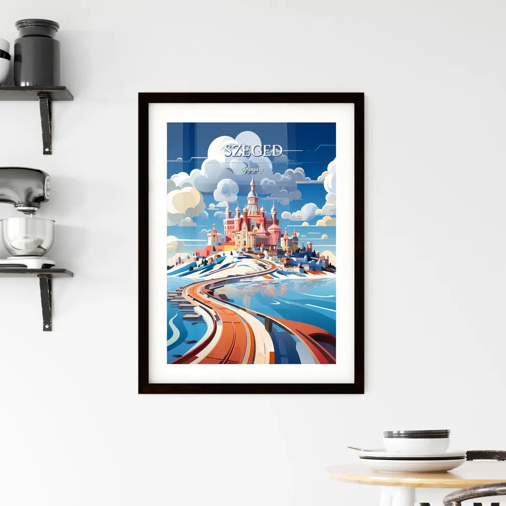 Szeged, Hungary - Art print of a castle on a hill with water and clouds Custom Print