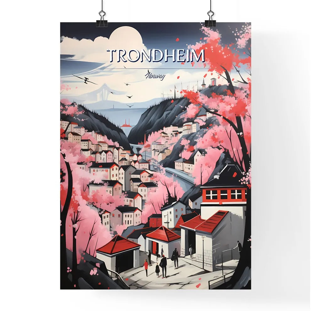 Trondheim, Norway - Art print of a painting of a town with pink trees and mountains Poster