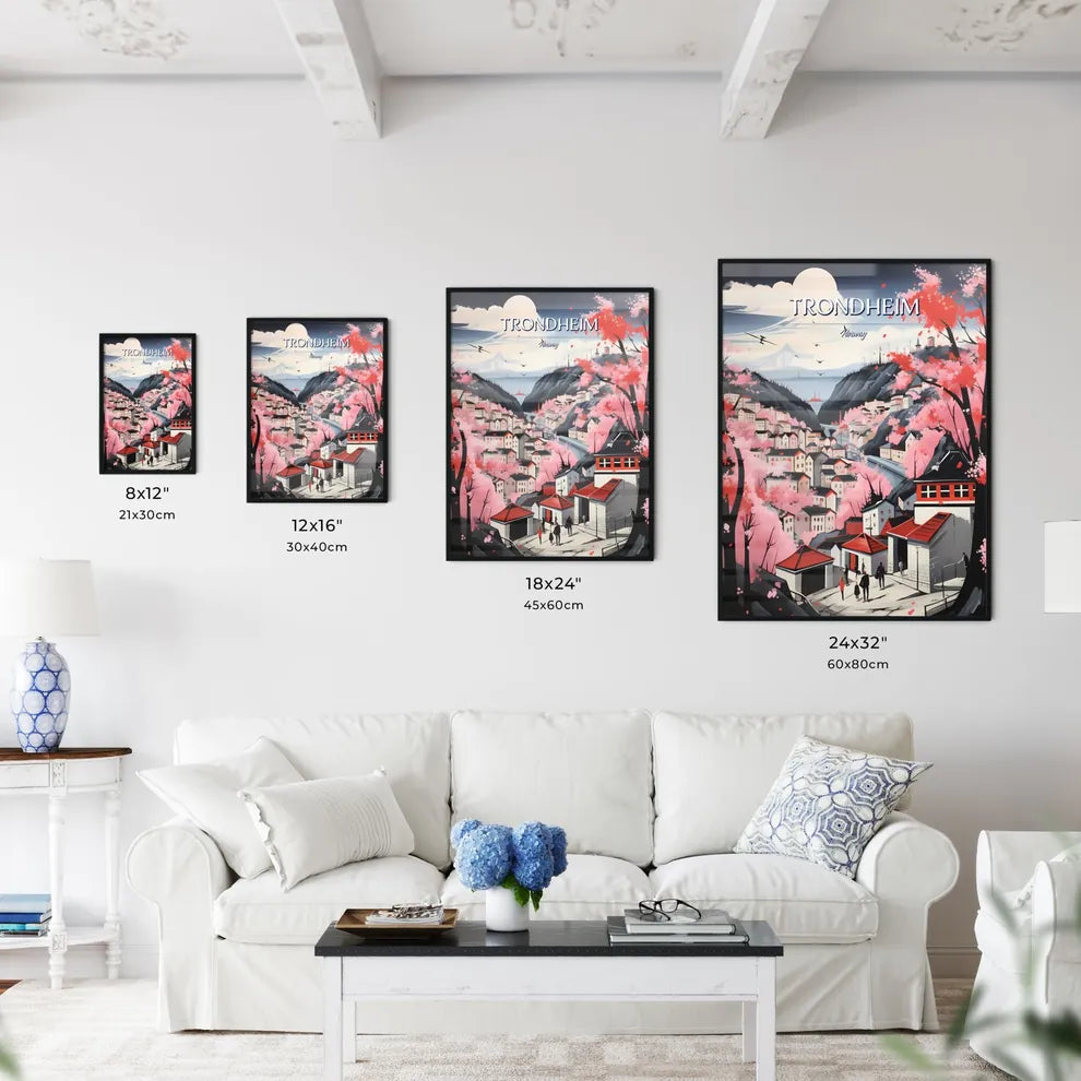 Trondheim, Norway - Art print of a painting of a town with pink trees and mountains Size Chart