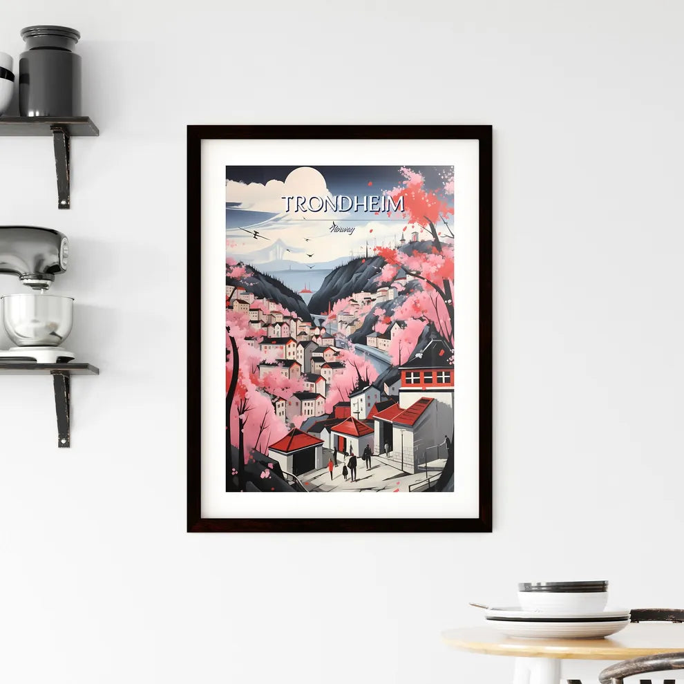 Trondheim, Norway - Art print of a painting of a town with pink trees and mountains Custom Print