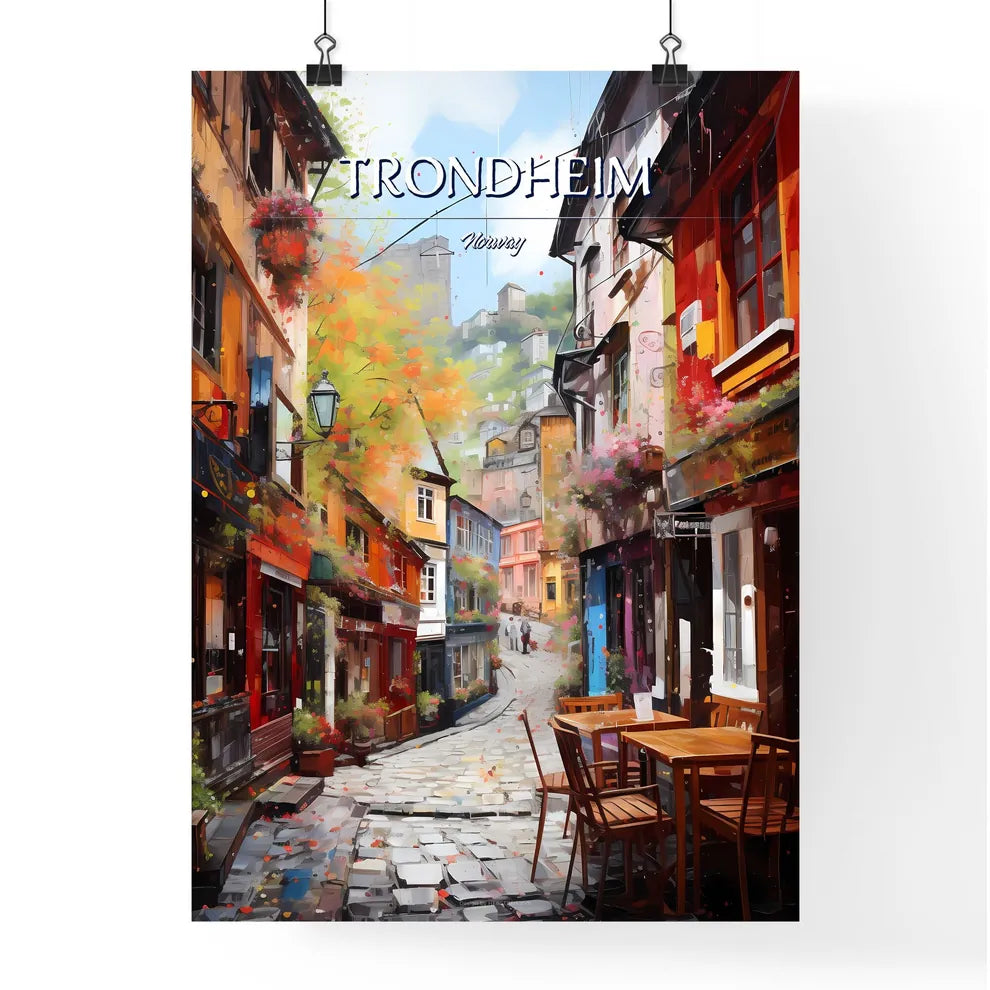Trondheim, Norway - Art print of a street with tables and chairs in a city Poster