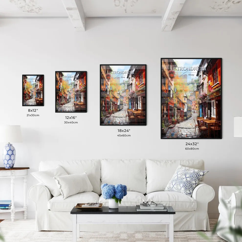 Trondheim, Norway - Art print of a street with tables and chairs in a city Size Chart