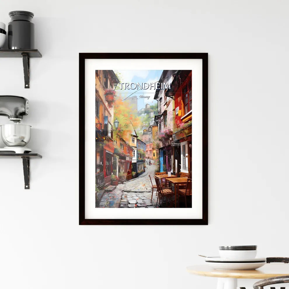 Trondheim, Norway - Art print of a street with tables and chairs in a city Custom Print