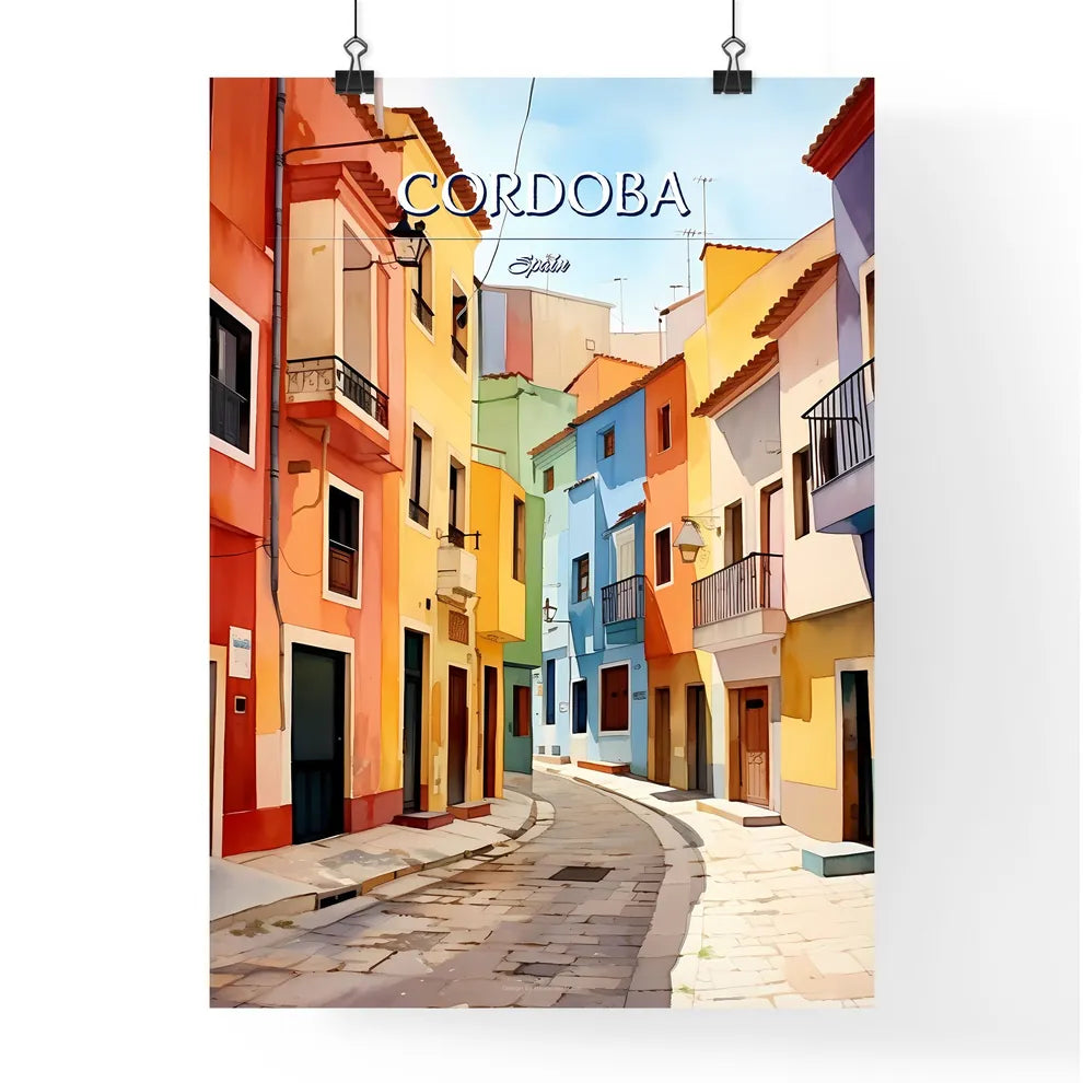 Cordoba, Spain - Art print of a colorful buildings on a street Poster