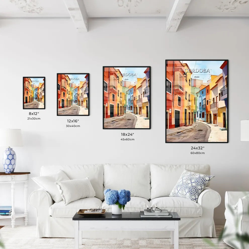 Cordoba, Spain - Art print of a colorful buildings on a street Size Chart