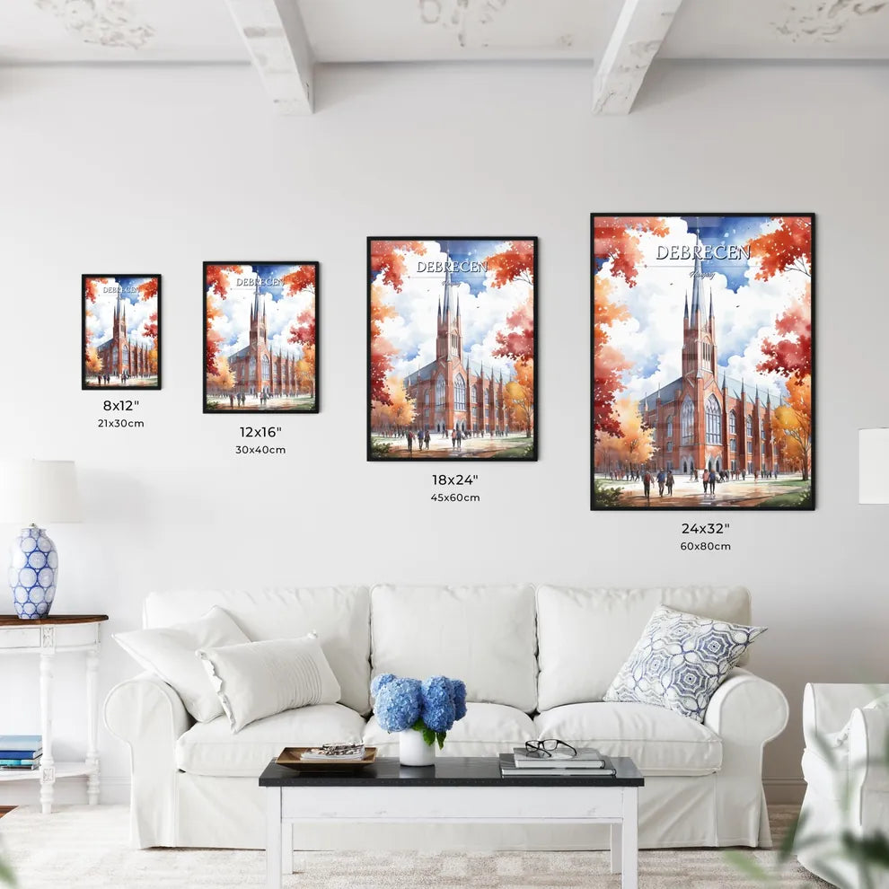 Debrecen, Hungary - Art print of a watercolor of a church with people walking in front of it Size Chart