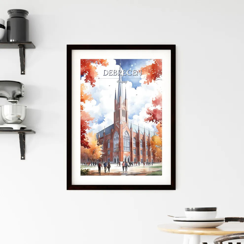 Debrecen, Hungary - Art print of a watercolor of a church with people walking in front of it Custom Print