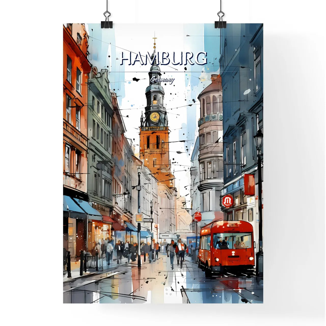 Hamburg, Germany - Art print of a street with a red bus and people walking on it Poster