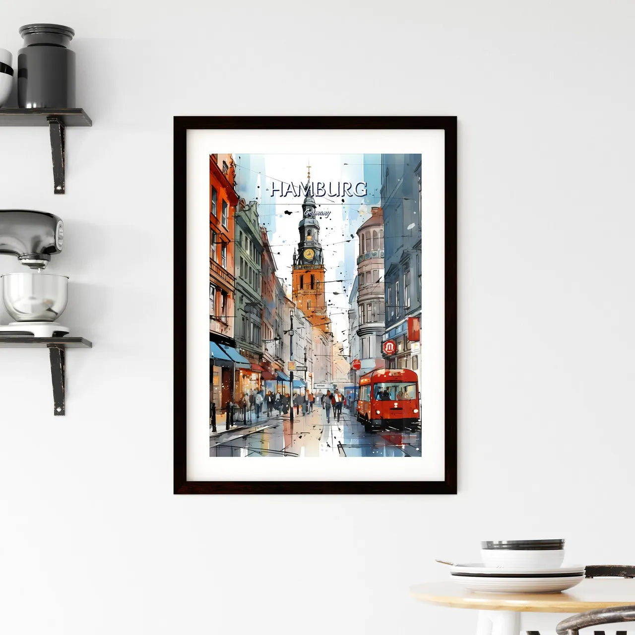 Hamburg, Germany - Art print of a street with a red bus and people walking on it Custom Print