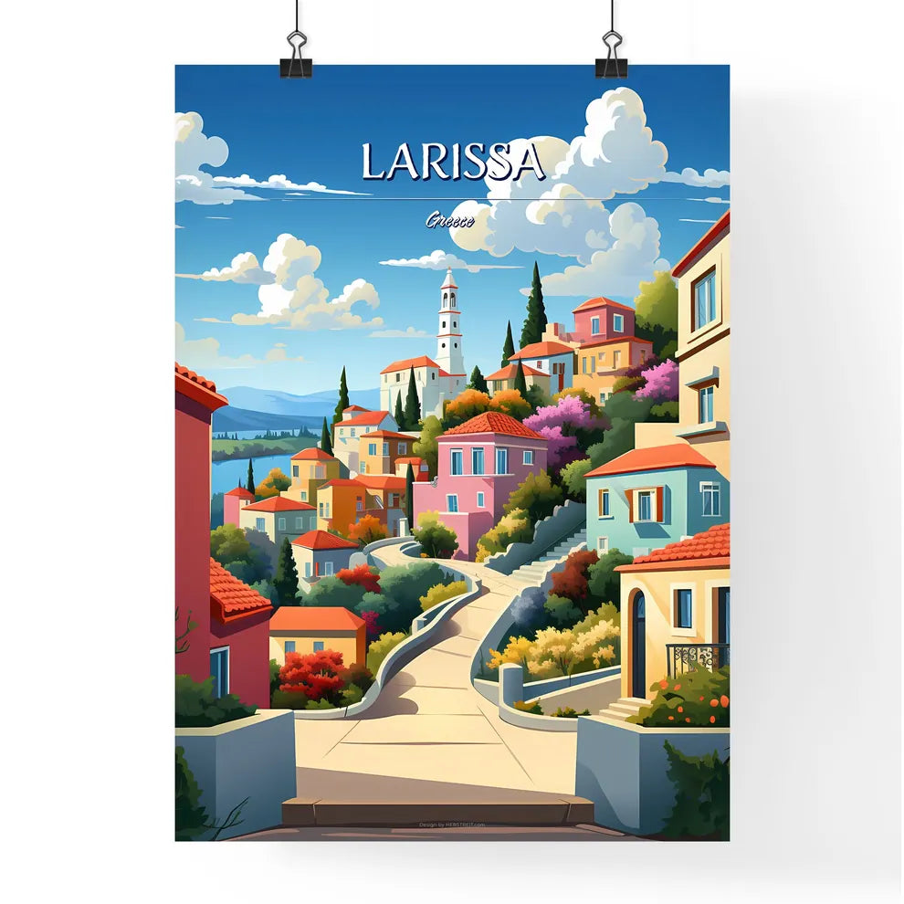 Larissa, Greece - Art print of a colorful town with a steep road Poster