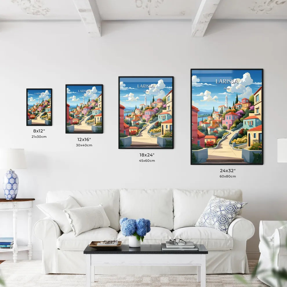 Larissa, Greece - Art print of a colorful town with a steep road Size Chart