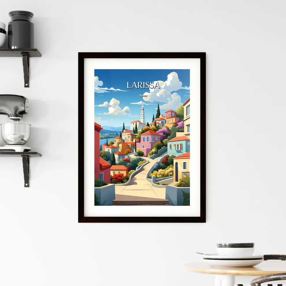 Larissa, Greece - Art print of a colorful town with a steep road Custom Print