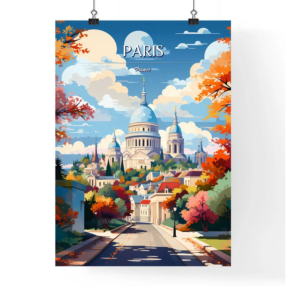 Paris, France - Art print of a street with trees and a building in the background Poster