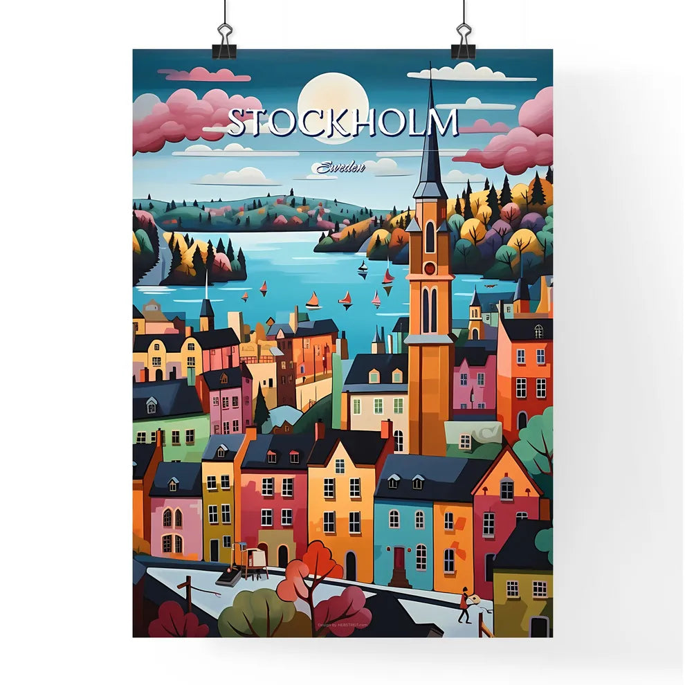 Stockholm, Sweden, - Art print of a painting of a town with a river and trees Poster