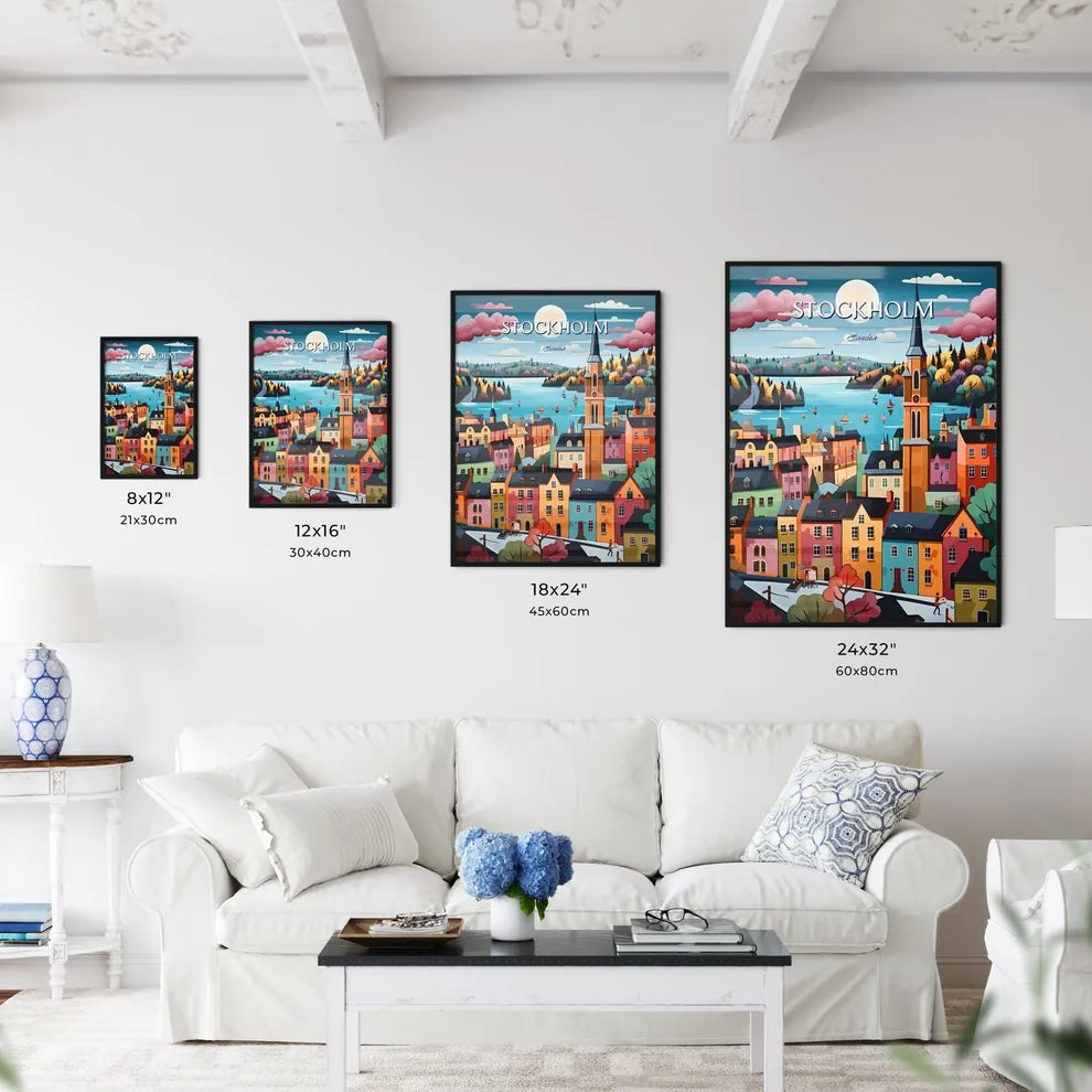 Stockholm, Sweden, - Art print of a painting of a town with a river and trees Size Chart