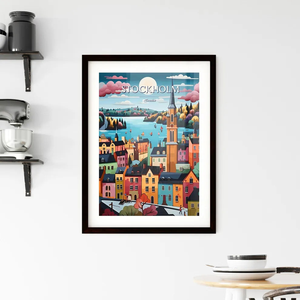 Stockholm, Sweden, - Art print of a painting of a town with a river and trees Custom Print