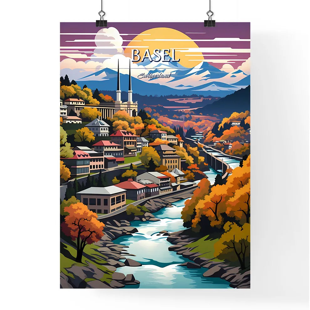 Basel, Switzerland - Art print of a colorful landscape of a town with a river and mountains Poster