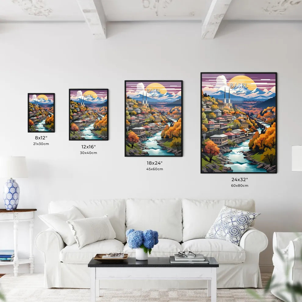 Basel, Switzerland - Art print of a colorful landscape of a town with a river and mountains Size Chart