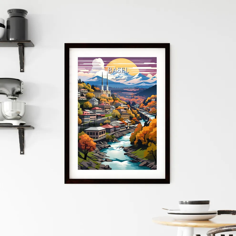 Basel, Switzerland - Art print of a colorful landscape of a town with a river and mountains Custom Print
