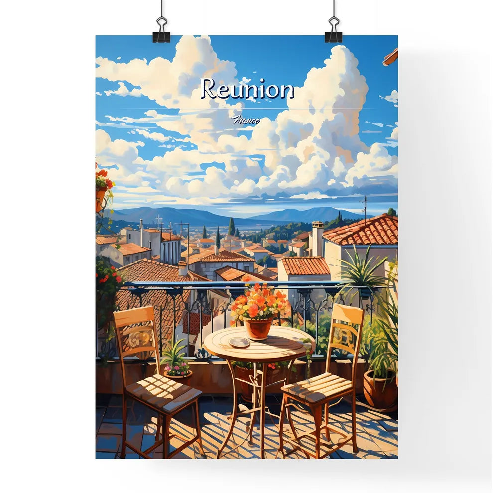 On the roofs of Reunion, France - Art print of a balcony with a table and chairs and a view of the city Poster