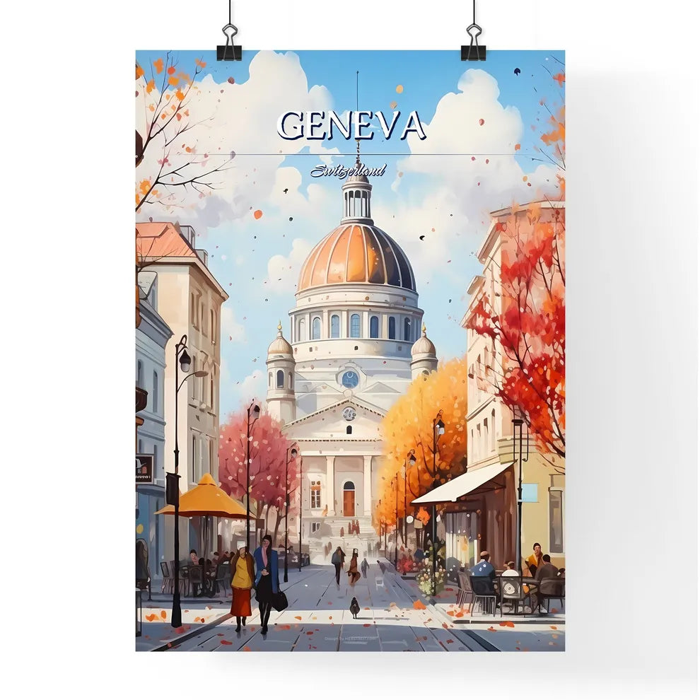 Geneva, Switzerland - Art print of a street with a building and people on it Poster