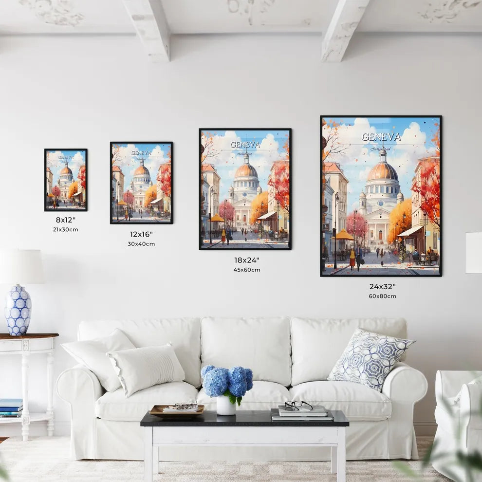 Geneva, Switzerland - Art print of a street with a building and people on it Size Chart