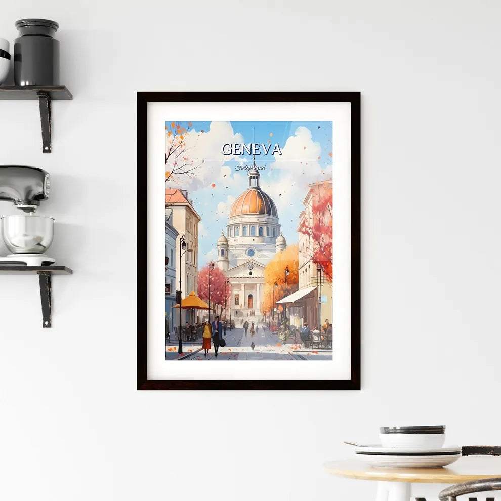 Geneva, Switzerland - Art print of a street with a building and people on it Custom Print