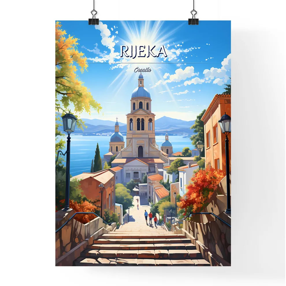 Rijeka, Croatia - Art print of a steep staircase leading to a church Poster