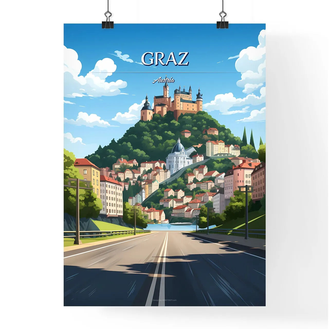Graz, Austria - Art print of a road leading to a city Poster