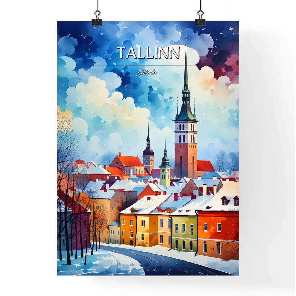 Tallinn, Estonia - Art print of a painting of a town with snow and clouds Poster