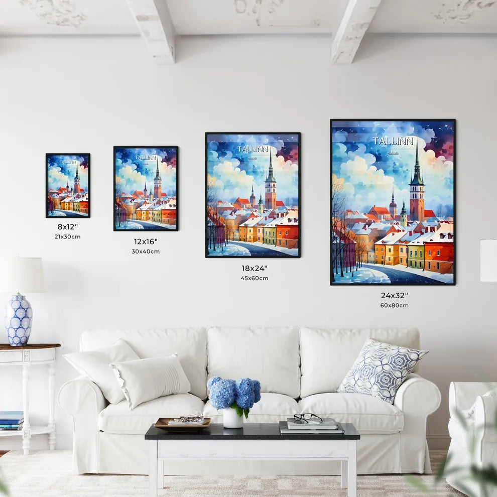 Tallinn, Estonia - Art print of a painting of a town with snow and clouds Size Chart