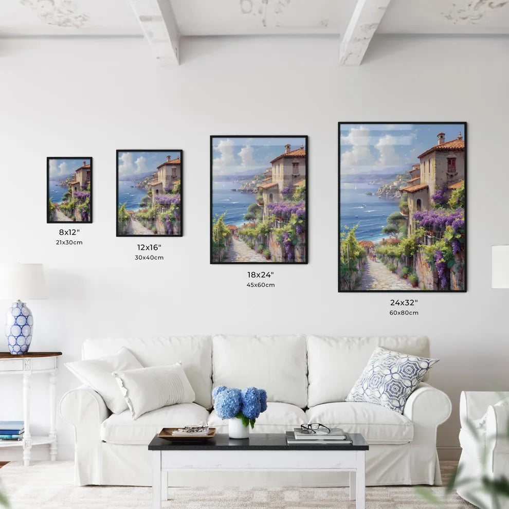 A picture of a Sicilian vineyard - Art print of a painting of a town by the sea Size Chart