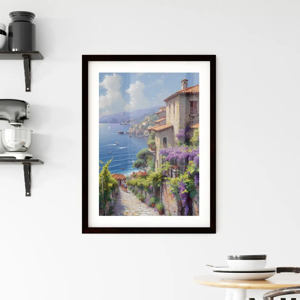 A picture of a Sicilian vineyard - Art print of a painting of a town by the sea Custom Print