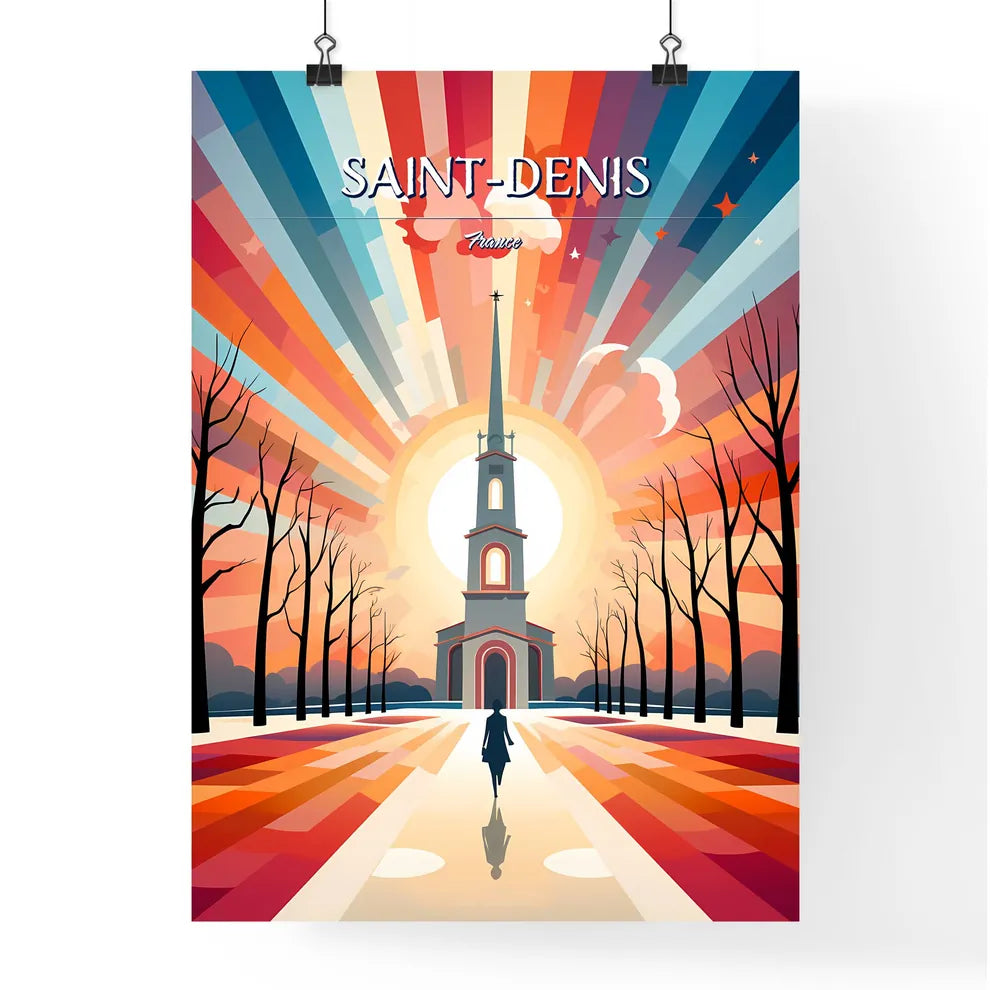Saint-Denis, France - Art print of a church with a tall tower and a colorful sky Poster