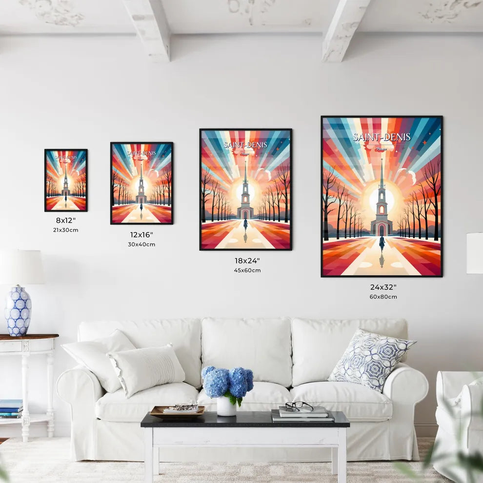 Saint-Denis, France - Art print of a church with a tall tower and a colorful sky Size Chart