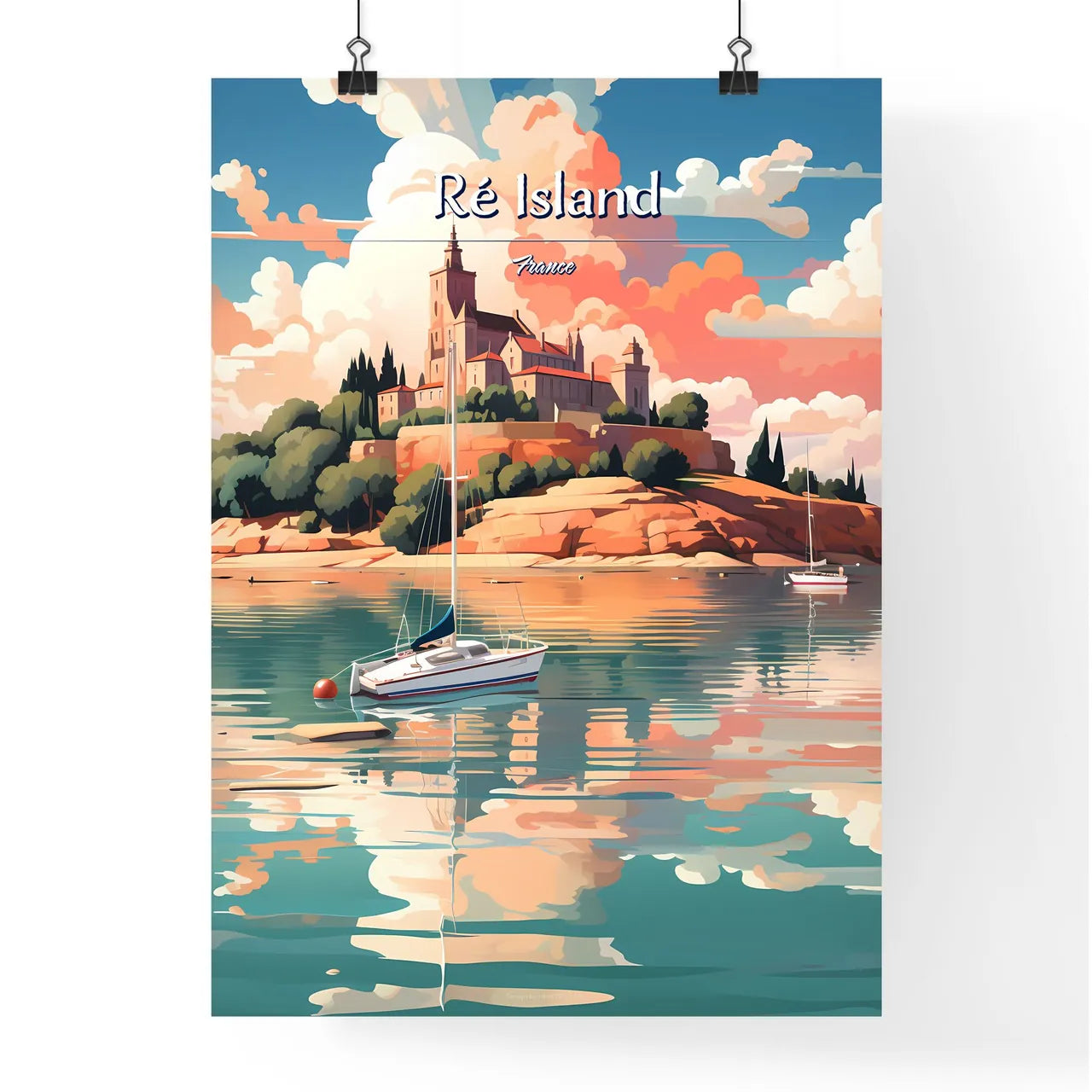 Ré Island, France - Art print of a painting of a castle on a hill with boats in the water Poster